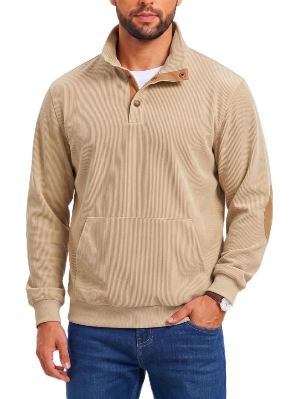 Mens Corduroy Sweatshirt Long Sleeve Pullover Quarter Button Fall Sweat Shirts
